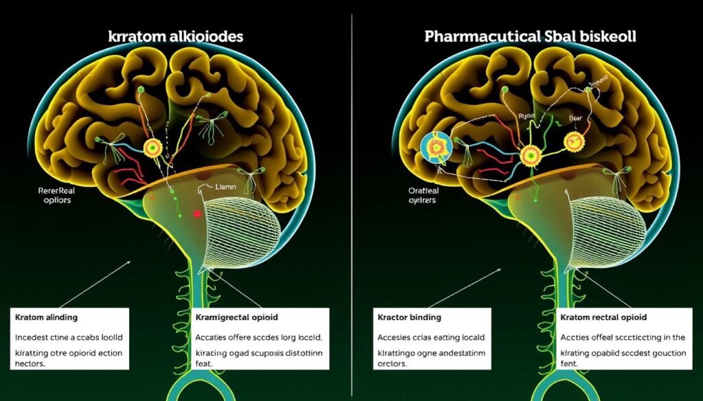 Diagram showing how kratom vs pharmaceutical pain medications interact with receptors in the body Diagram showing how kratom vs pharmaceutical pain medications interact with receptors in the body