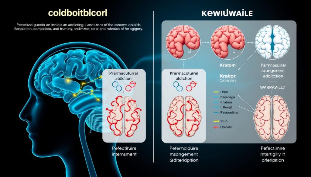 Illustration showing the addiction and withdrawal cycle comparing kratom vs pharmaceutical pain medications Illustration showing the addiction and withdrawal cycle comparing kratom vs pharmaceutical pain medications