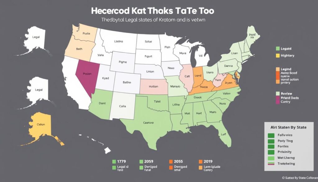Map showing the legal status of kratom vs pharmaceutical pain medications across the United States Map showing the legal status of kratom vs pharmaceutical pain medications across the United States