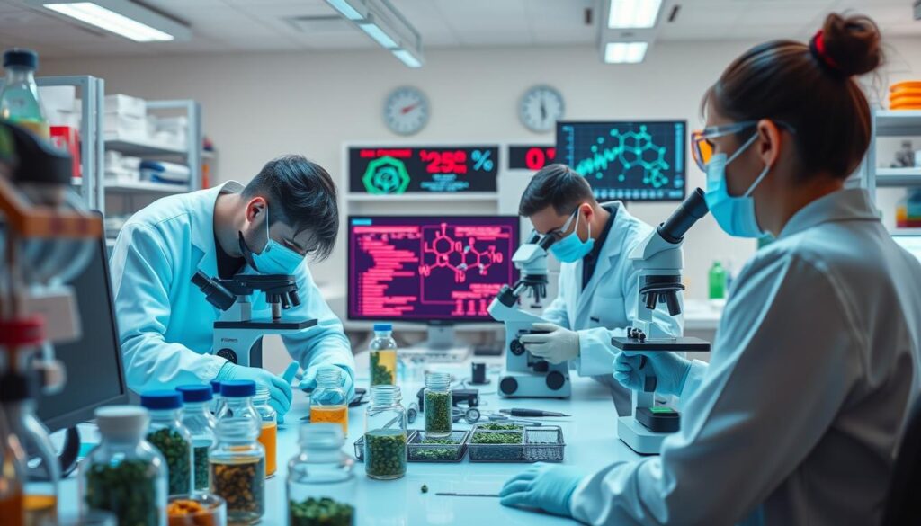 Scientists researching kratom vs pharmaceutical pain medications in laboratory setting Scientists researching kratom vs pharmaceutical pain medications in laboratory setting
